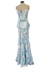 Iconic Fall 2004 John Galliano Bias Cut Blue Dress w Ruffles & Metallic Silver Detailing