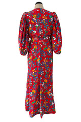 Prettiest Spring 1983 Yves Saint Laurent Runway Printed Floral Red Silk Dress w Tie Belt