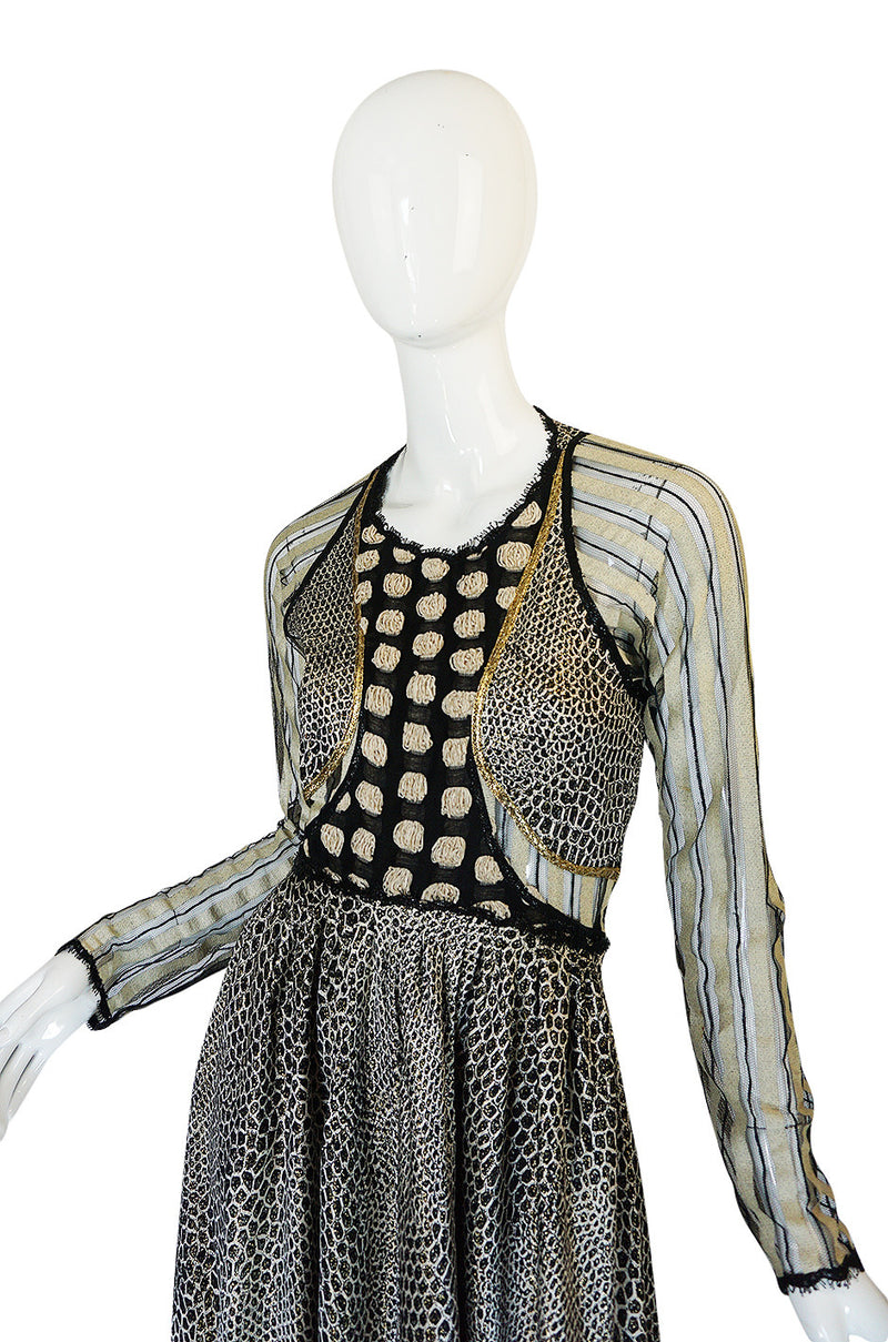 1970s Geoffrey Beene Couture Gold Metallic Lurex & Net Print Dress