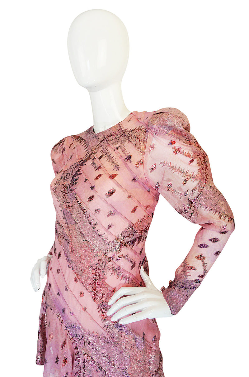 1980s Spiral Bias Cut Pink Silk Metallic Judy Hornby Dress