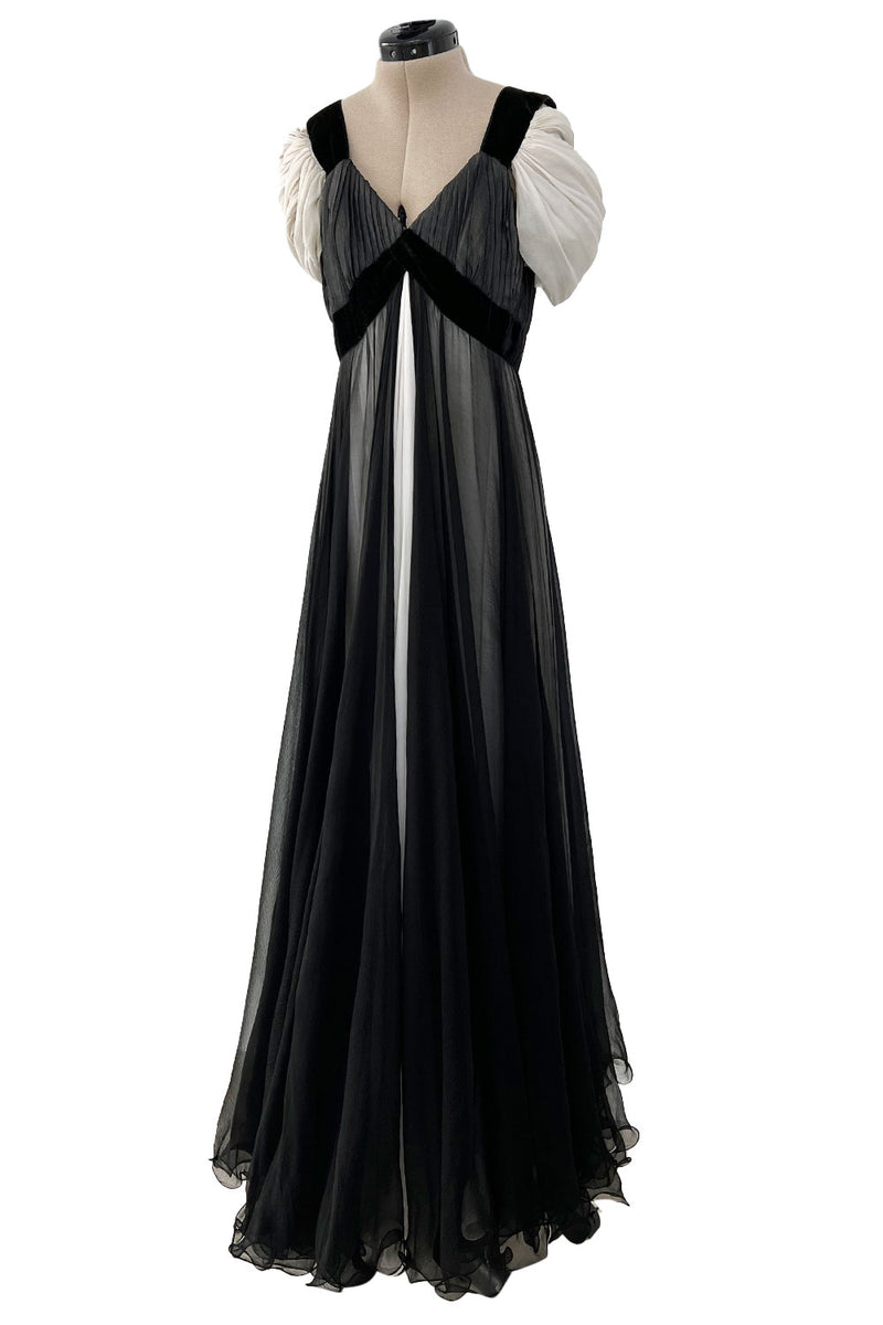 Stunning Spring 1986 Jacqueline de Ribes Black & Ivory Bias Cut Silk Chiffon Dress