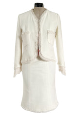 Cruise 2004 Chanel by Karl Lagerfeld Three Piece Ivory Silk Boucle Suit w Silk Chiffon Edging