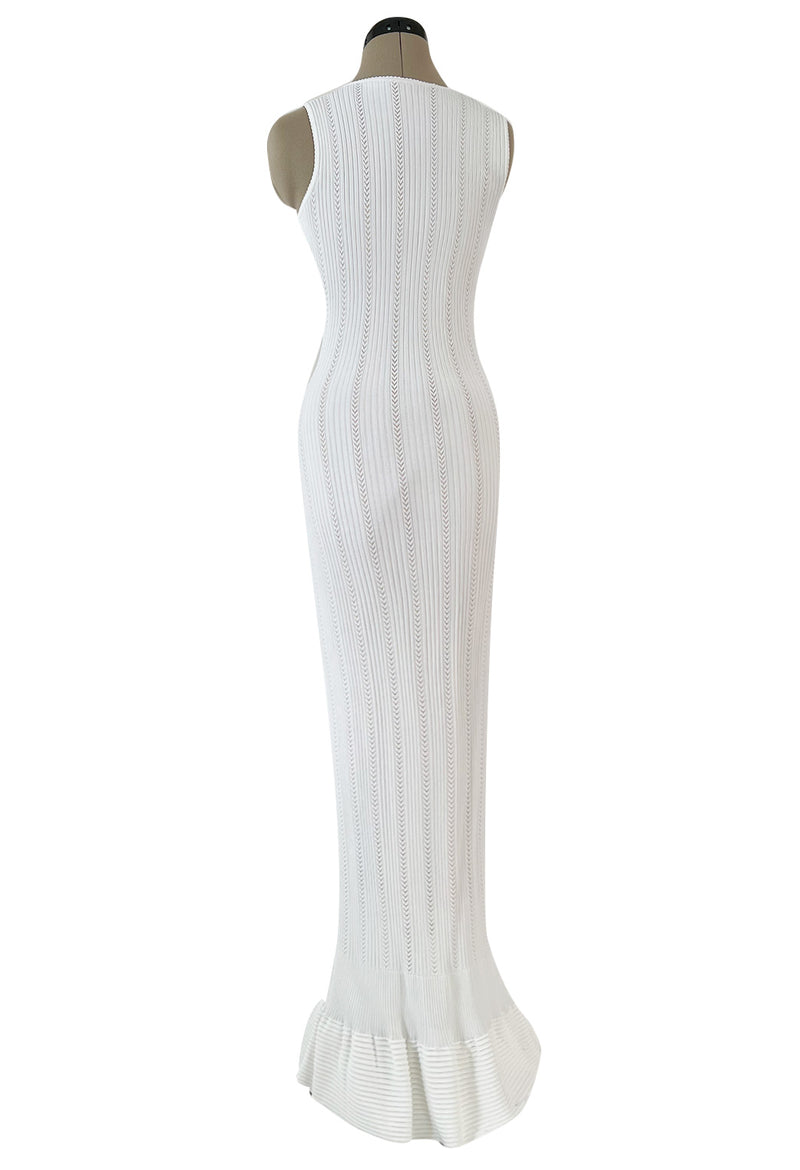 Mid 2000s Azzedine Alaia Supermodel Length White Knit w Nude Underlay Illusion Dress