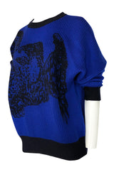1980s Yves Saint Laurent Oversized Eagle Print Blue Wool Sweater