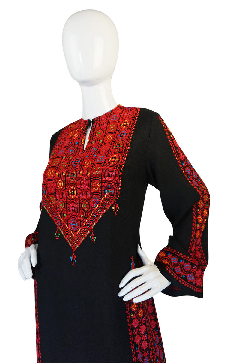 1960s Bright Rudy Thread Hand Embroidered Black Caftan