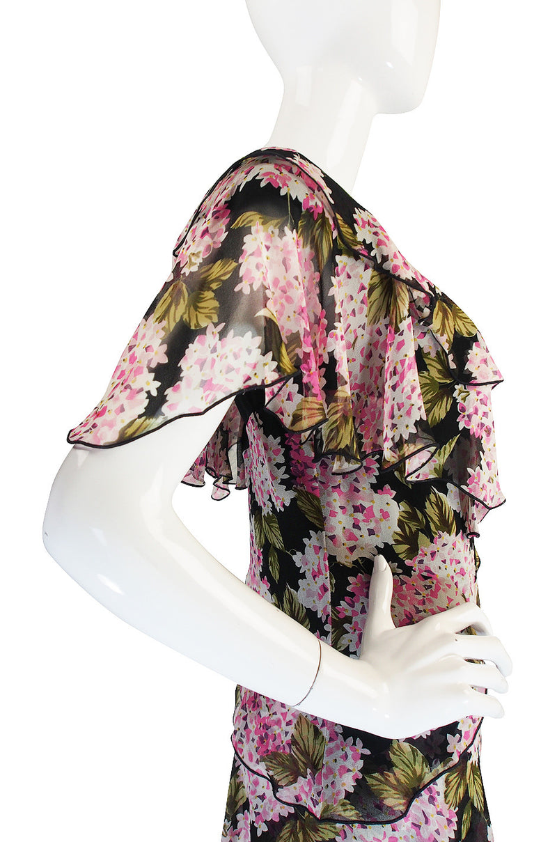 1970s Pink Floral Holly Harp Tiered Silk Dress
