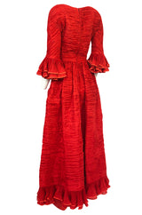 1960s Sybil Connolly Couture 'Non Chalance' Red Ruffled Pleated Linen Dress