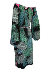 1960s Emilio Pucci Feather Print Off Shoulder Silk Jersey Dress
