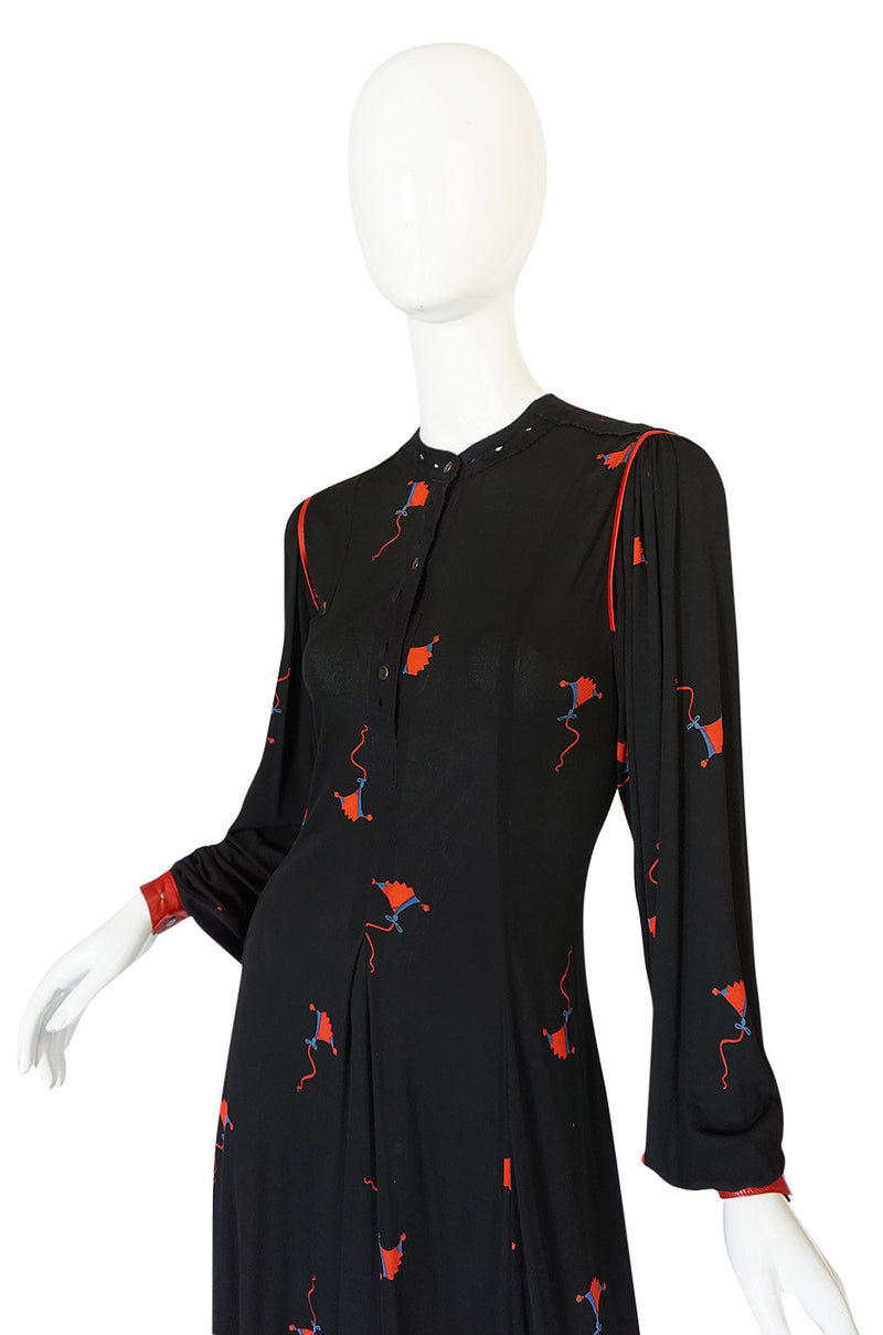 1970s Ann Buck Jersey with Leather Trim Print Dress