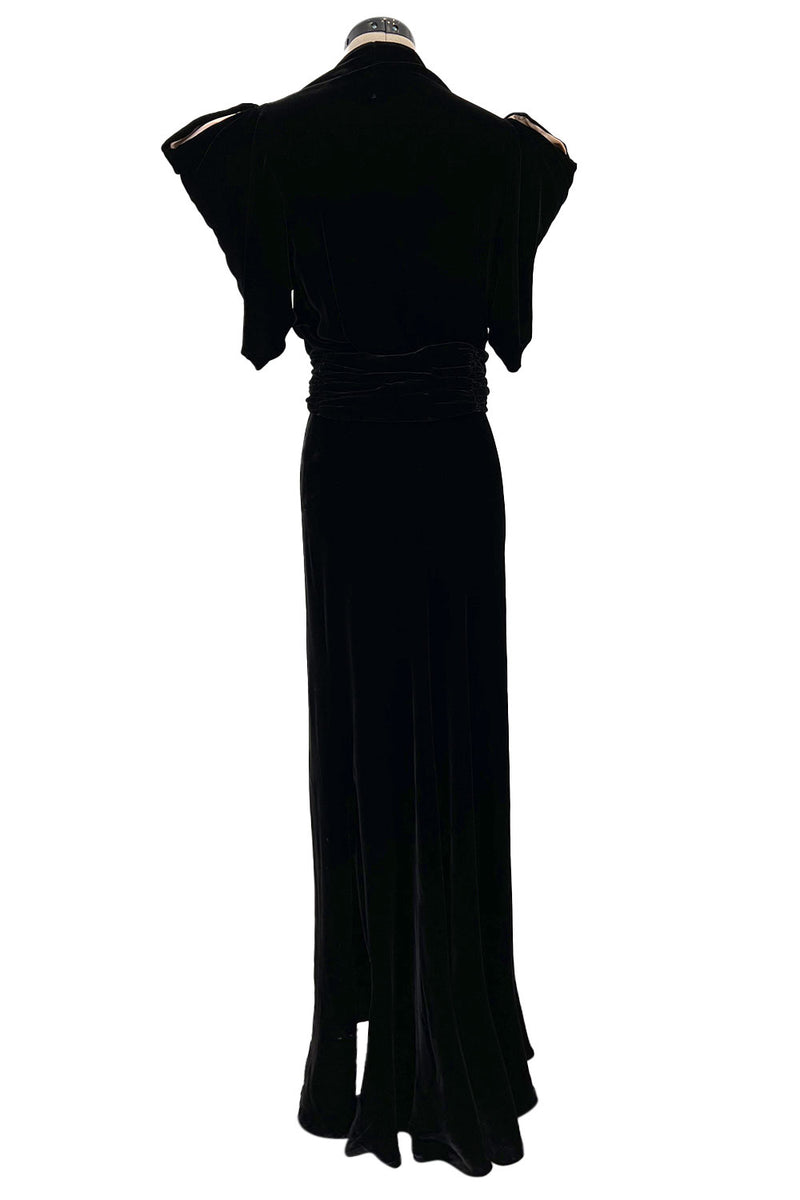 Incredible 1930s Black Silk Velvet Wrap Bias Cut Dress w Elaborate Met Shrimpton Couture Incredible 1930s Black Silk Velvet Wrap Bias Cut Dress w Elaborate Met Shrimpton Couture