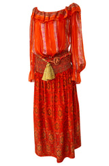Late 1970s Oscar De La Renta Ribbon Silk Chiffon Four Piece Coral Skirt Set