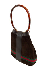Rare & Original 1970s Gucci Deep Chocolate Suede Bucket Bag w Lucite Handle & Stripes