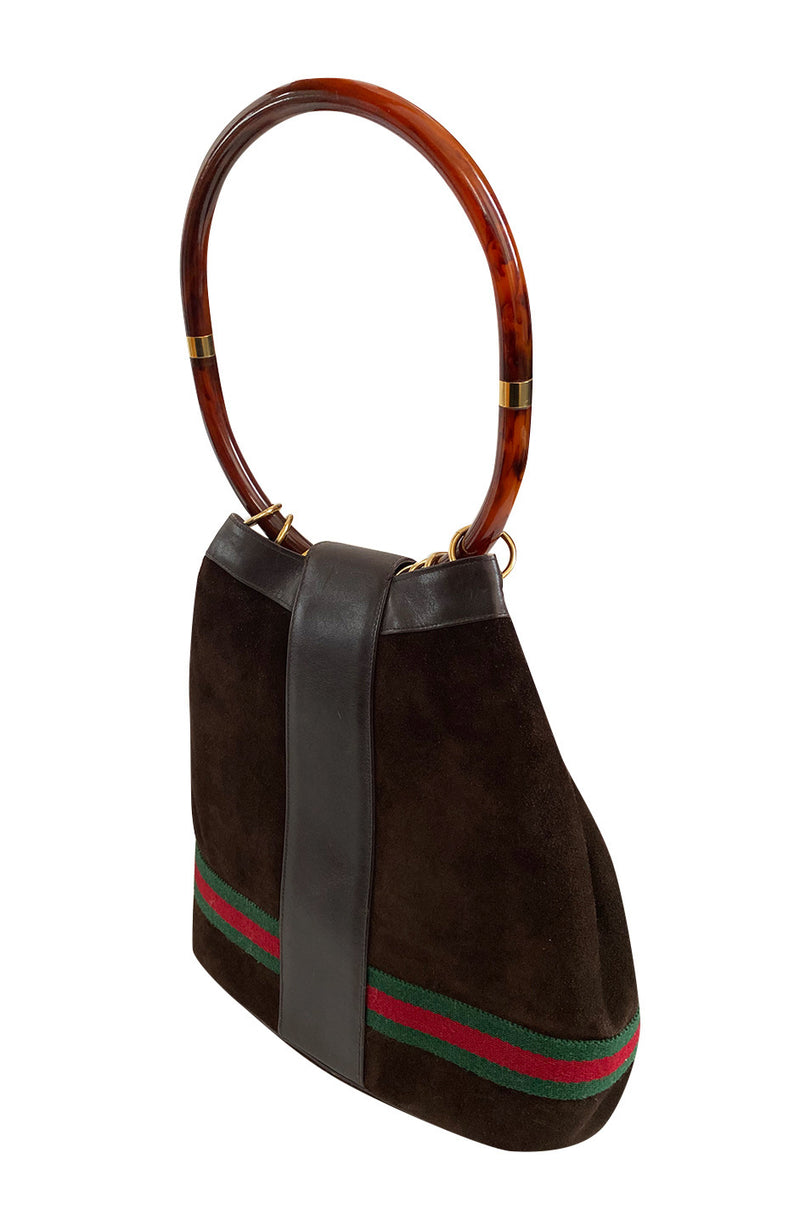 Rare & Original 1970s Gucci Deep Chocolate Suede Bucket Bag w Lucite Handle & Stripes