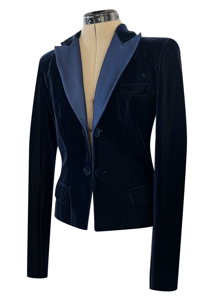 Runway Fall 2002 Yves Saint Laurent Blue Velvet Jacket w Long Sleeves & Tuxedo Collar