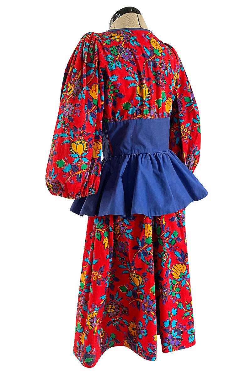Spring 1983 Yves Saint Laurent Red Floral Print Balloon Sleeve Dress w – Shrimpton Couture
