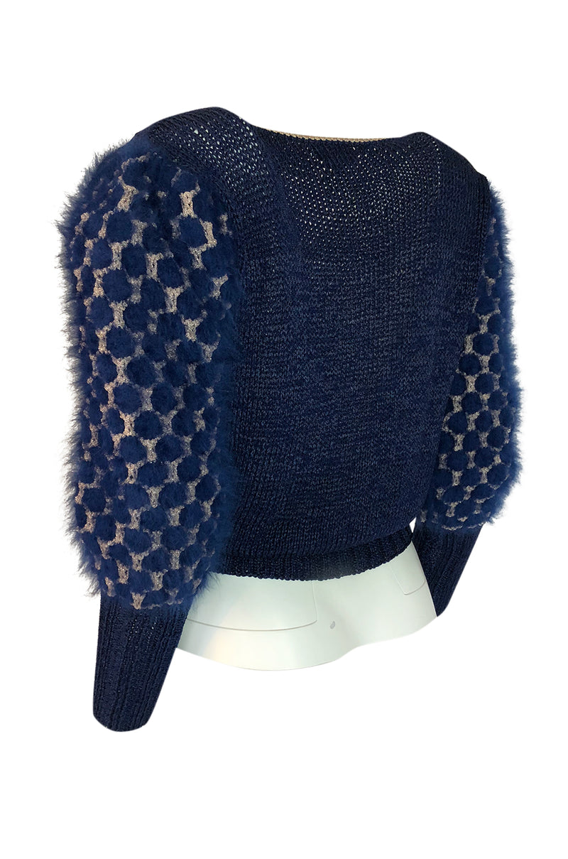 1970s Cropped Blue Mohair, Wool & Gold Metallic Plunge Sweater