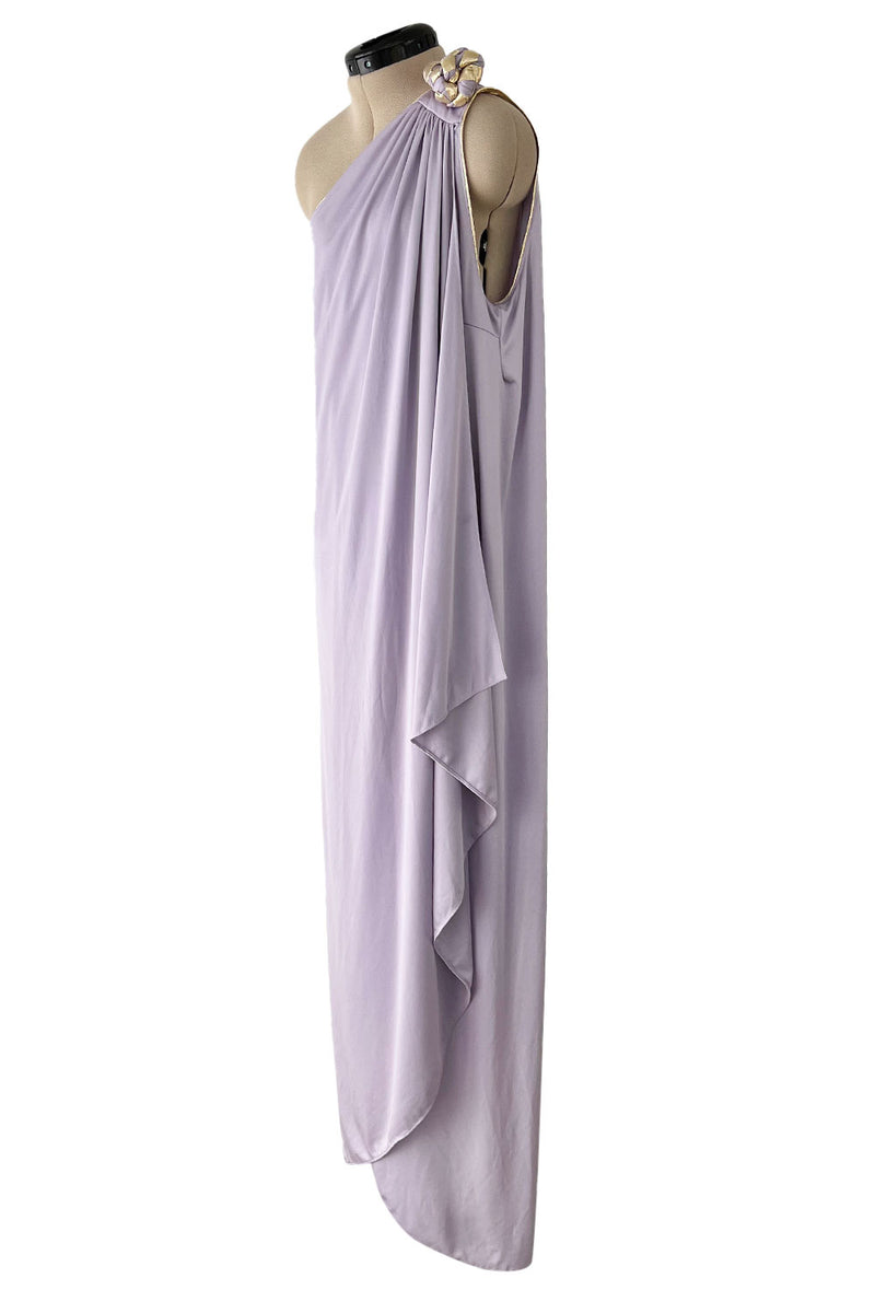 1981 Bill Tice Lilac One Shoulder Jersey Dress w Gold Lame Flower Detailing