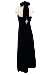 1970s Christian Dior Demi-Couture Numbered Sample Dress in Inky Black Velvet w Bow