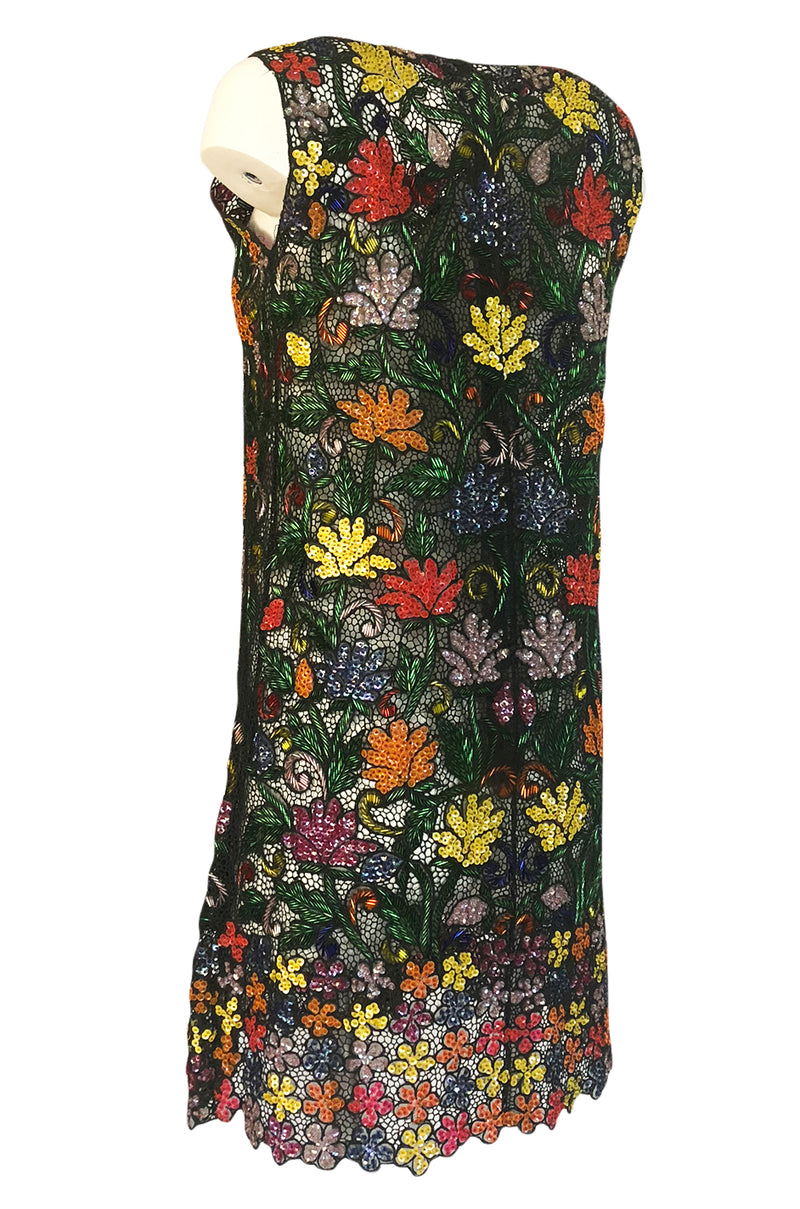 1960s Unlabeled Hand Made & Beaded and Sequin Netted Cord Dress