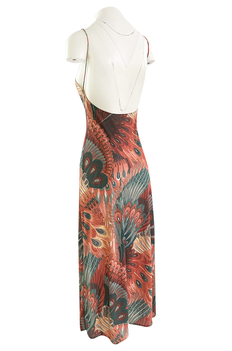 Documented 1976 John Kloss Feather Printed Front Cut Out Nylon Jersey Dress