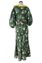 Prettiest 1930s Green Floral Print Bias Cut Silk Crepe w Yellow Collar & Original Belt