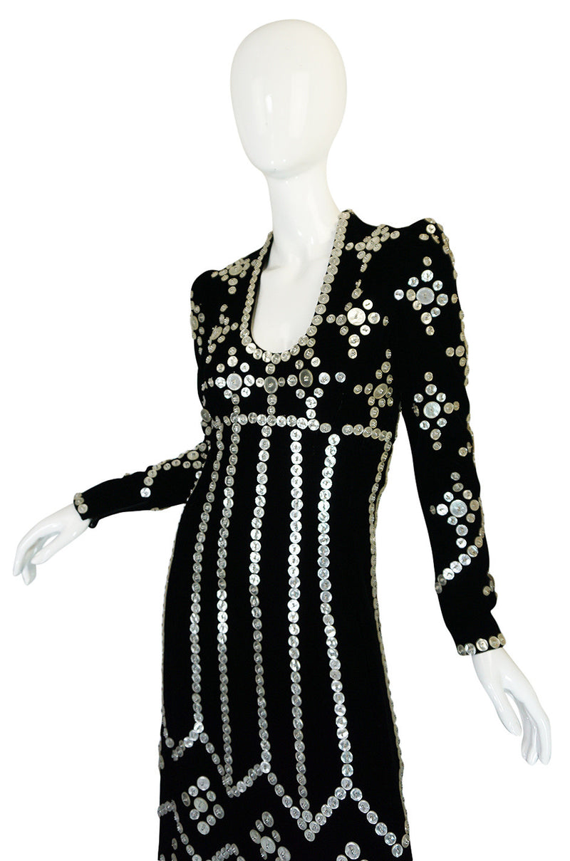 Remarkable 1960s Velvet & MOP Button Covered Dress