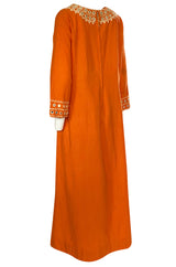 1960s Hand Applied Cord & Mirror Detailed Orange Cotton Caftan Dress