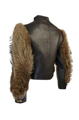 1960s Fur Sleeve Leather Bomber Jacket w Brass Hook Closures