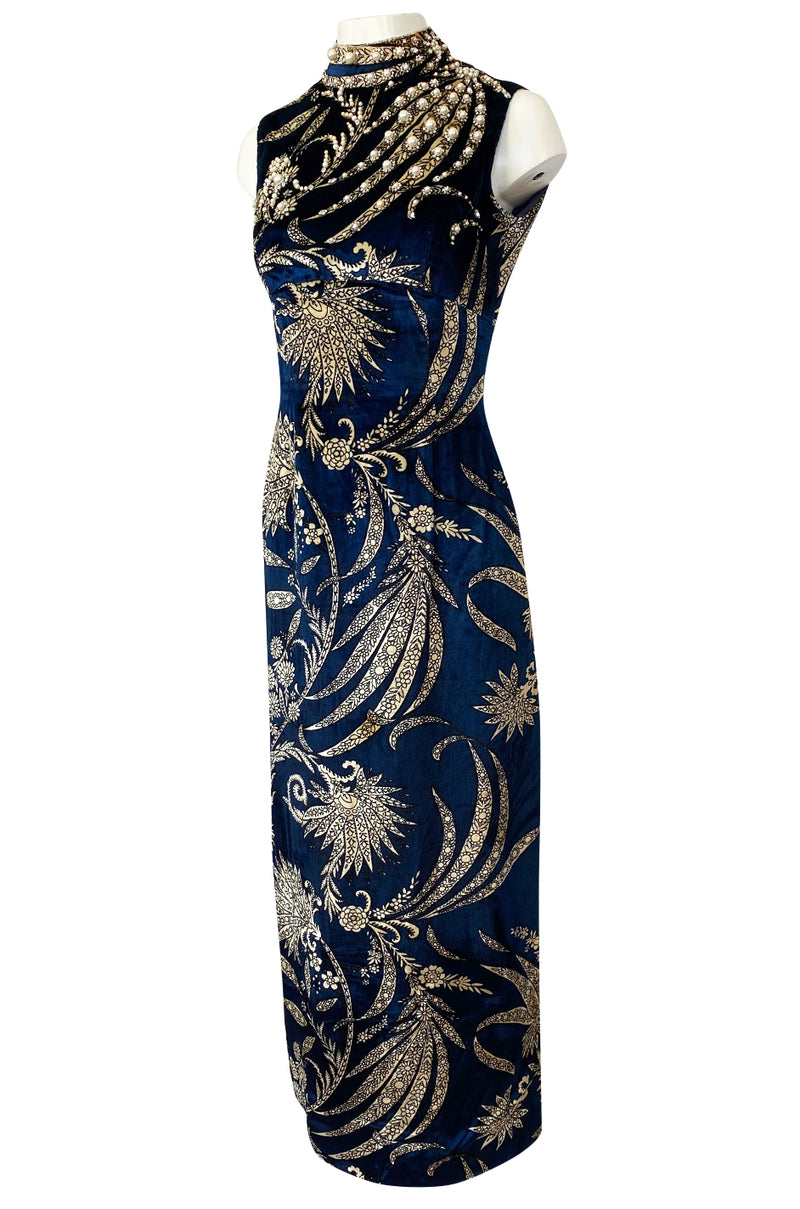 1960s George Halley Panne Velvet Dress w Pearl & Rhinestone Detailing