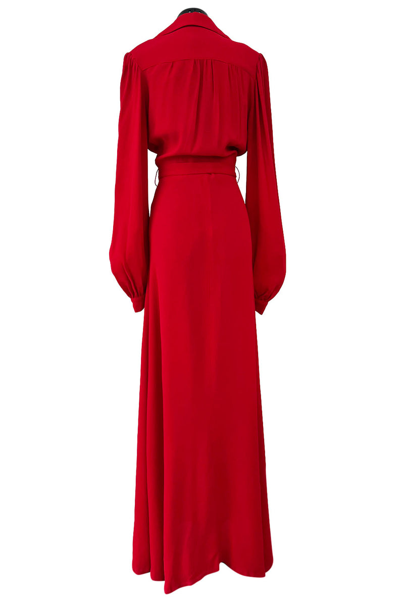 Fabulous c.1969 Ossie Clark Red Moss Crepe Dress w Bishop Sleeves, Button Front & Pointed Collar