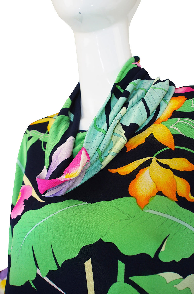 1970s Leonard Bell Sleeve Silk Print Dress