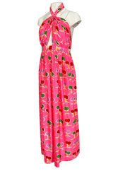 1973 Oscar de la Renta Brilliant Pink Backless Halter Dress w Front Keyhole