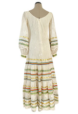 1975 Giorgio Sant' Angelo Hand Crochet Dress w Balloon Sleeves & Metallic Ribbon Detailing