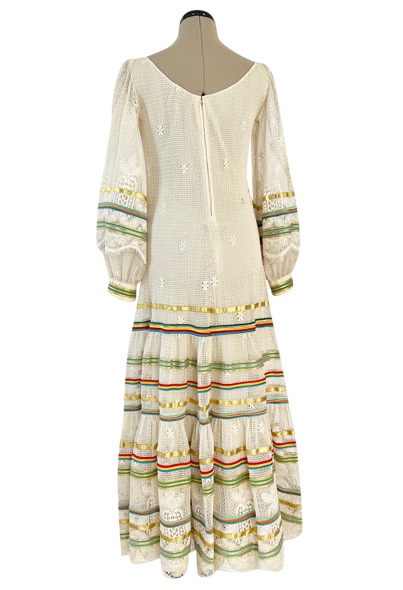 1975 Giorgio Sant' Angelo Hand Crochet Dress w Balloon Sleeves & Metallic Ribbon Detailing