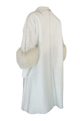 1950s White Leather Tent Coat With Whip Stitch & Fur Cuffs