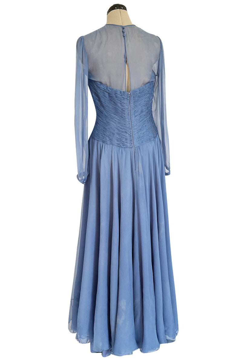 Incredible 1980s Valentino Haute Couture Pale Blue Silk Chiffon Dress w Elaborate Gathered Bodice
