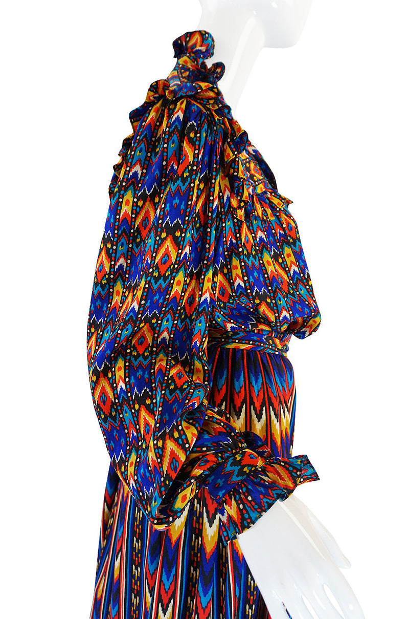 1970s Yves Saint Laurent Ikat Print Silk Skirt & Top