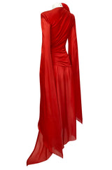 Rare 1970s Nina Ricci Haute Couture Trailing Angel Wing Sleeve Red Silk Dress