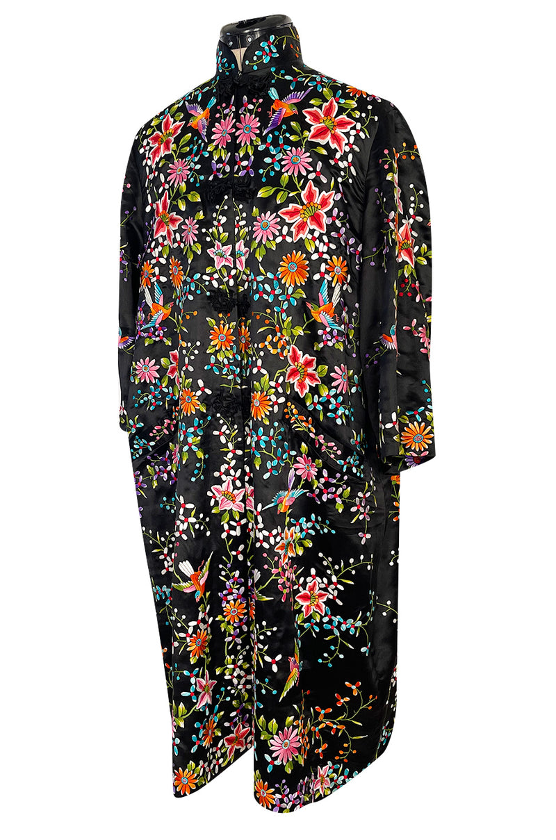 Extraordinary 1920s Colourful Densely Embroidered Black Silk Asian Evening Coat