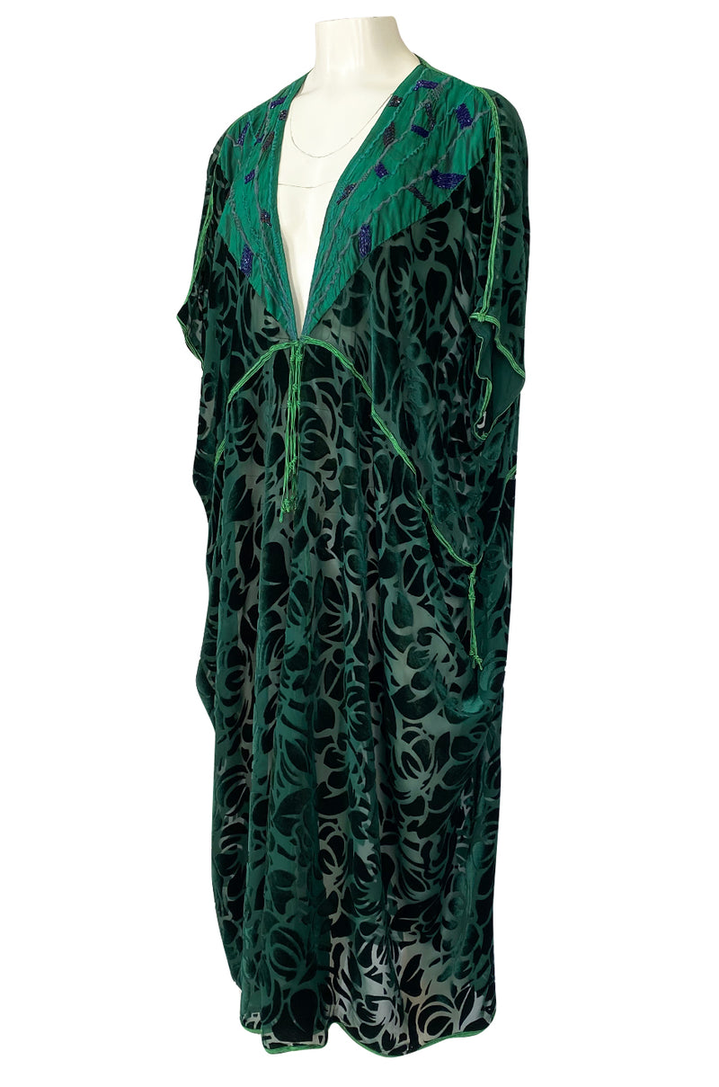 Rare 1977 Thea Porter Couture Green Fused Velvet Open Front Abaya Caftan