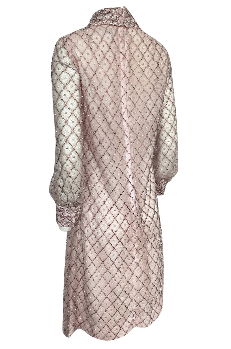 1960s Valentina Inc Pink Beaded Shift Dress w Front Collar Detailing Shrimpton Couture 1960s Valentina Inc Pink Beaded Shift Dress w Front Collar Detailing Shrimpton Couture