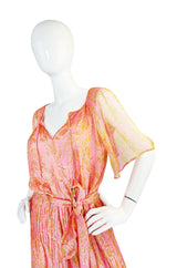1970s Pink Print Silk Chiffon Treacy Lowe Caftan Dress