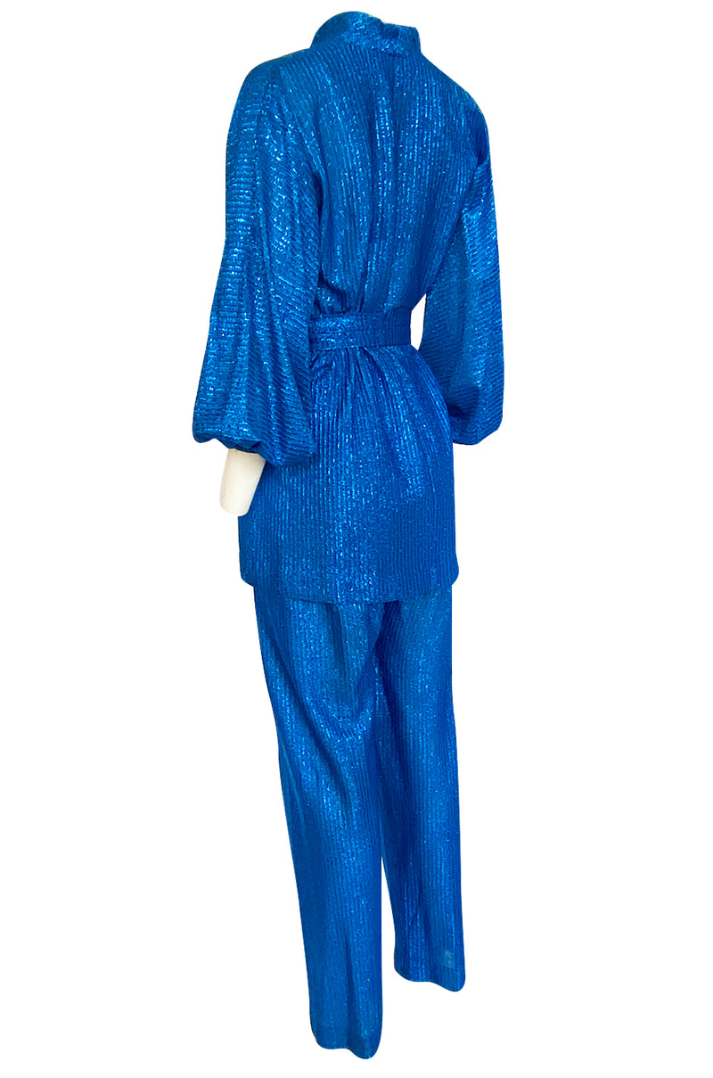 1970s Halston Bright Electric Blue Metallic Lame Lurex Top & Pant Set