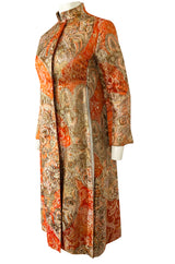 Unusual 1960s Bill Blass Open Panel Gold & Coral Metallic Coat
