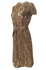 Early 1950s Unlabeled Taupe Ribbon Tape and Net Sheat Dress & Belt