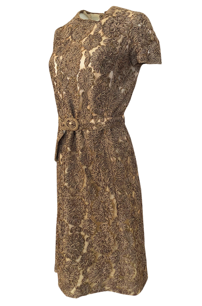 Early 1950s Unlabeled Taupe Ribbon Tape and Net Sheat Dress & Belt