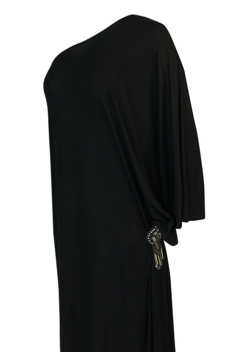 1940s Nettie Vogues One Shoulder Black Jersey Dress with Matching Turban