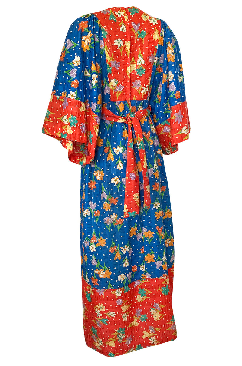 1960s Young Innocents by Arpeja Red & Blue Cotton Floral Print Caftan Dress