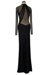 Spectacular 2005 John Anthony Couture Black Stretch Jersey Dress w Curved Netted Cut Outs
