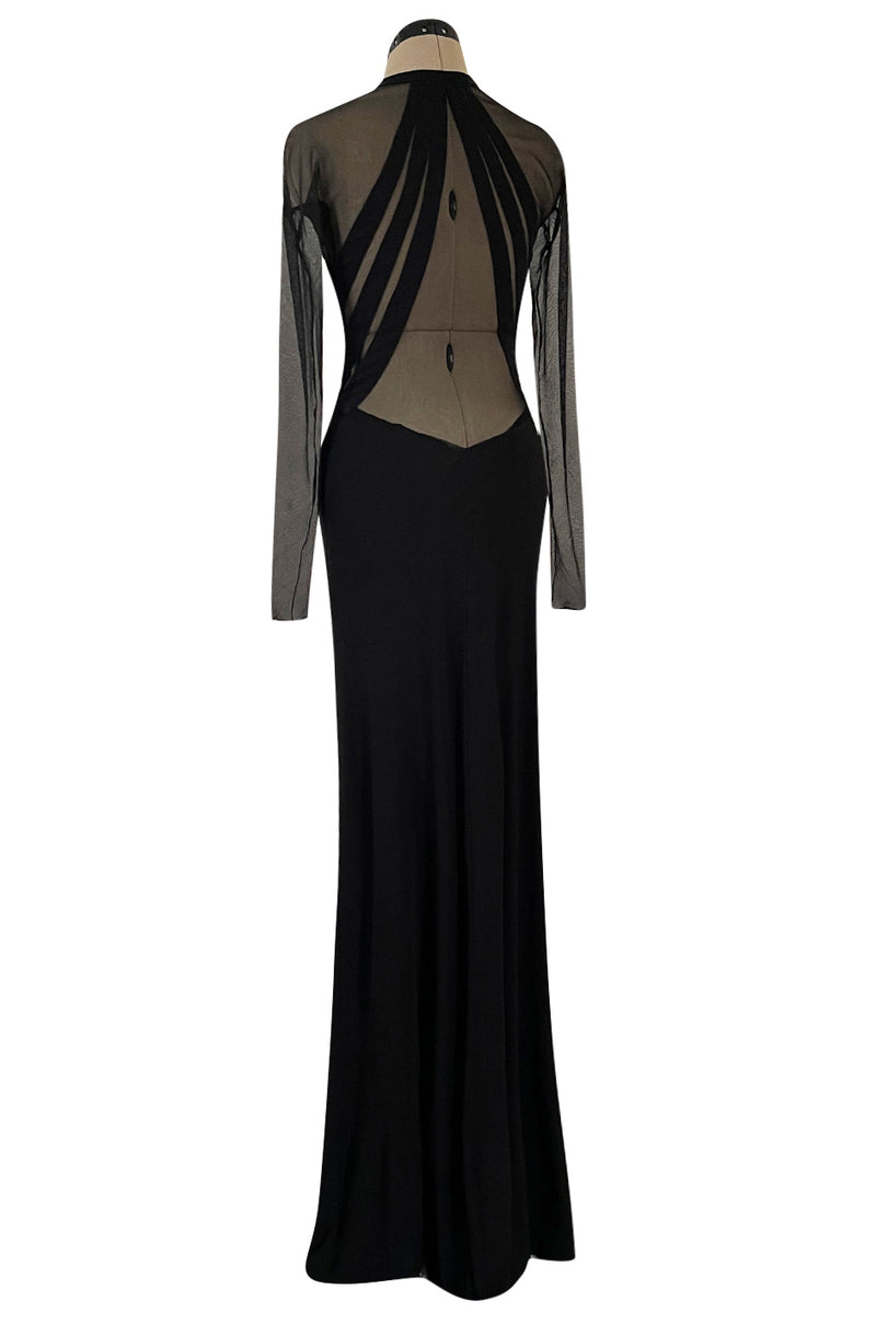 Spectacular 2005 John Anthony Couture Black Stretch Jersey Dress w Curved Netted Cut Outs